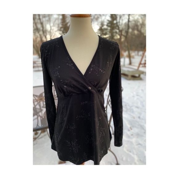 Thyme Maternity Black Metallic Top Blouse Sparkle Holiday Surplice Sz S - Picture 2 of 8